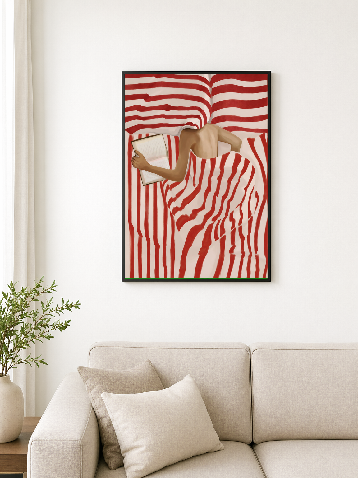Abstract Red Stripe Reader Wall Art Print - black framed