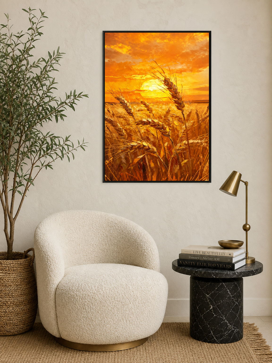 Golden Wheat Sunset Landscape Wall Art Print - black framed