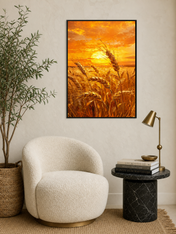 Golden Wheat Sunset Landscape Wall Art Print - black framed