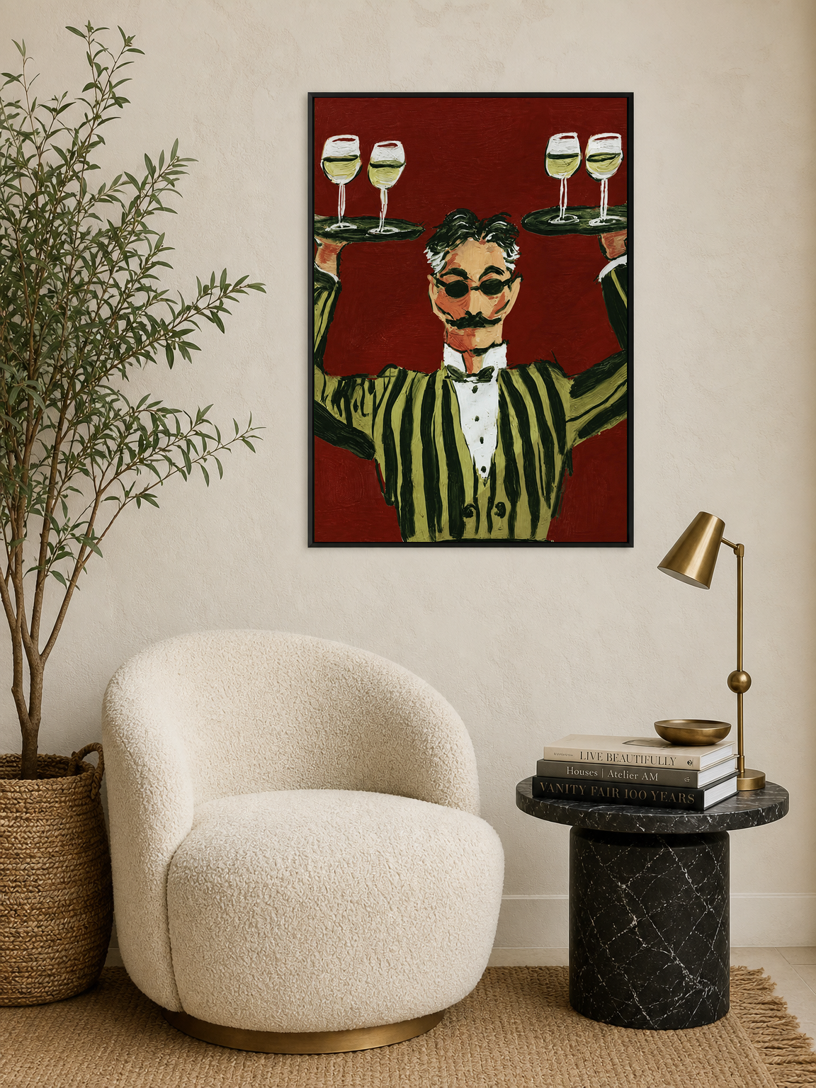 Striped Waiter with Wine Wall Art Print - black framed