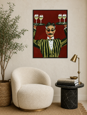 Striped Waiter with Wine Wall Art Print - black framed