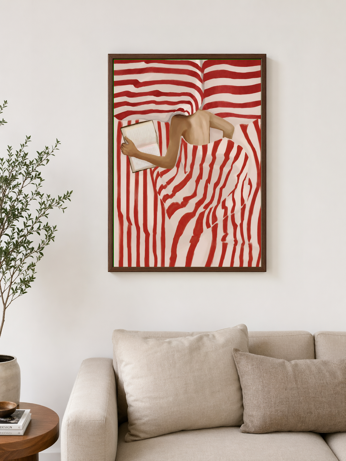 Abstract Red Stripe Reader Wall Art Print - dark wood framed