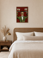 Striped Waiter with Wine Wall Art Print - dark wood framed