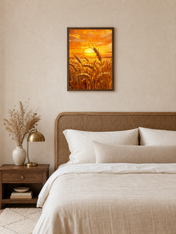 Golden Wheat Sunset Landscape Wall Art Print - dark wood framed
