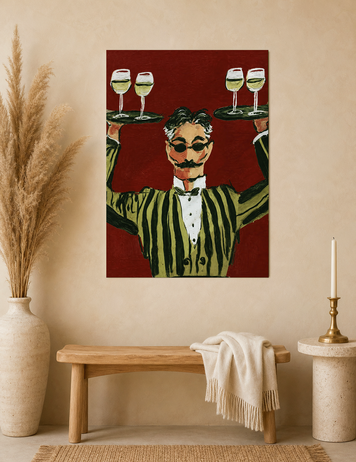 Striped Waiter with Wine Wall Art Print - unframed mockup