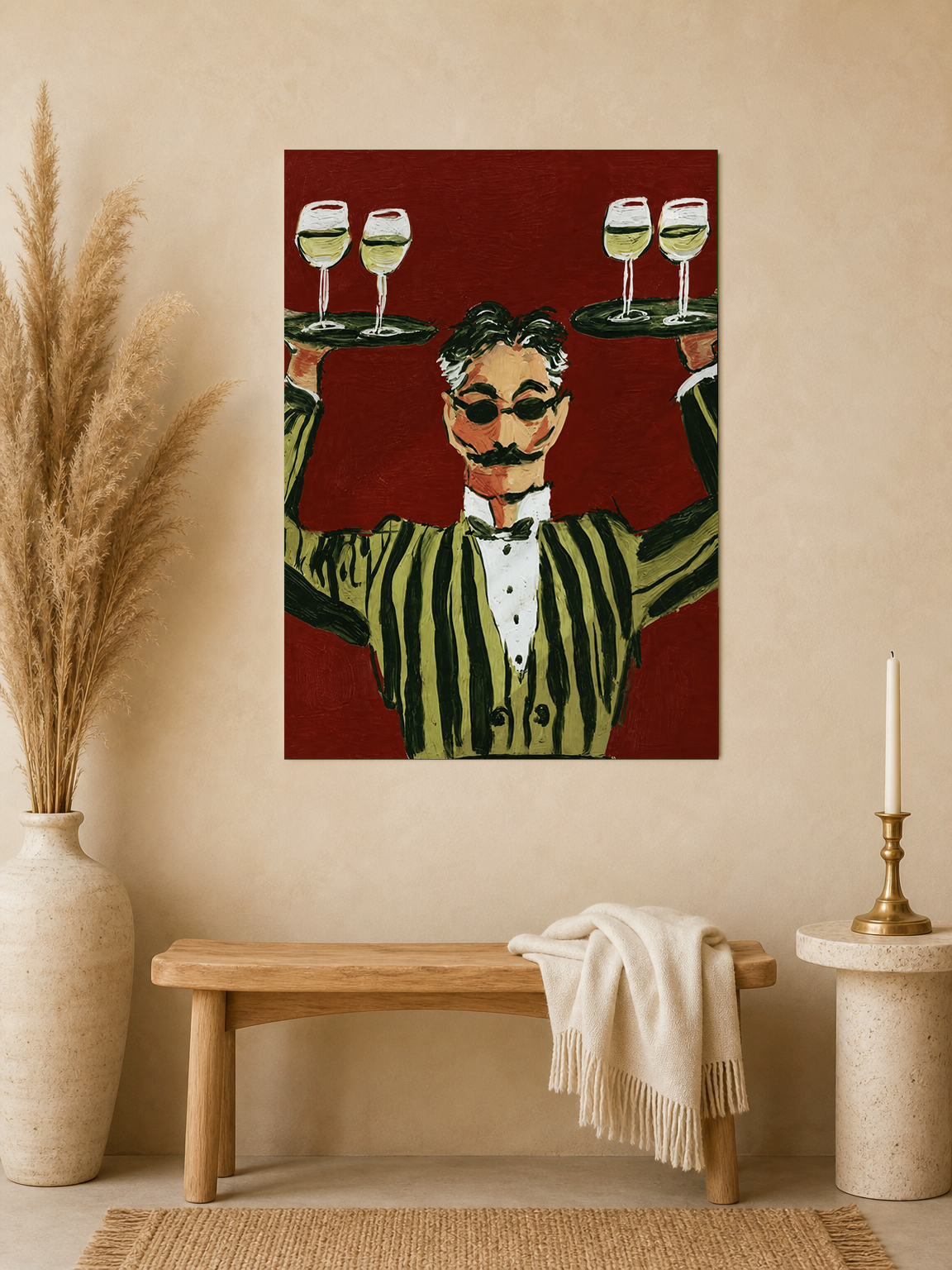 Striped Waiter with Wine Wall Art Print - unframed mockup