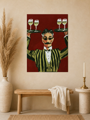 Striped Waiter with Wine Wall Art Print - unframed mockup