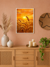 Golden Wheat Sunset Landscape Wall Art Print - white framed