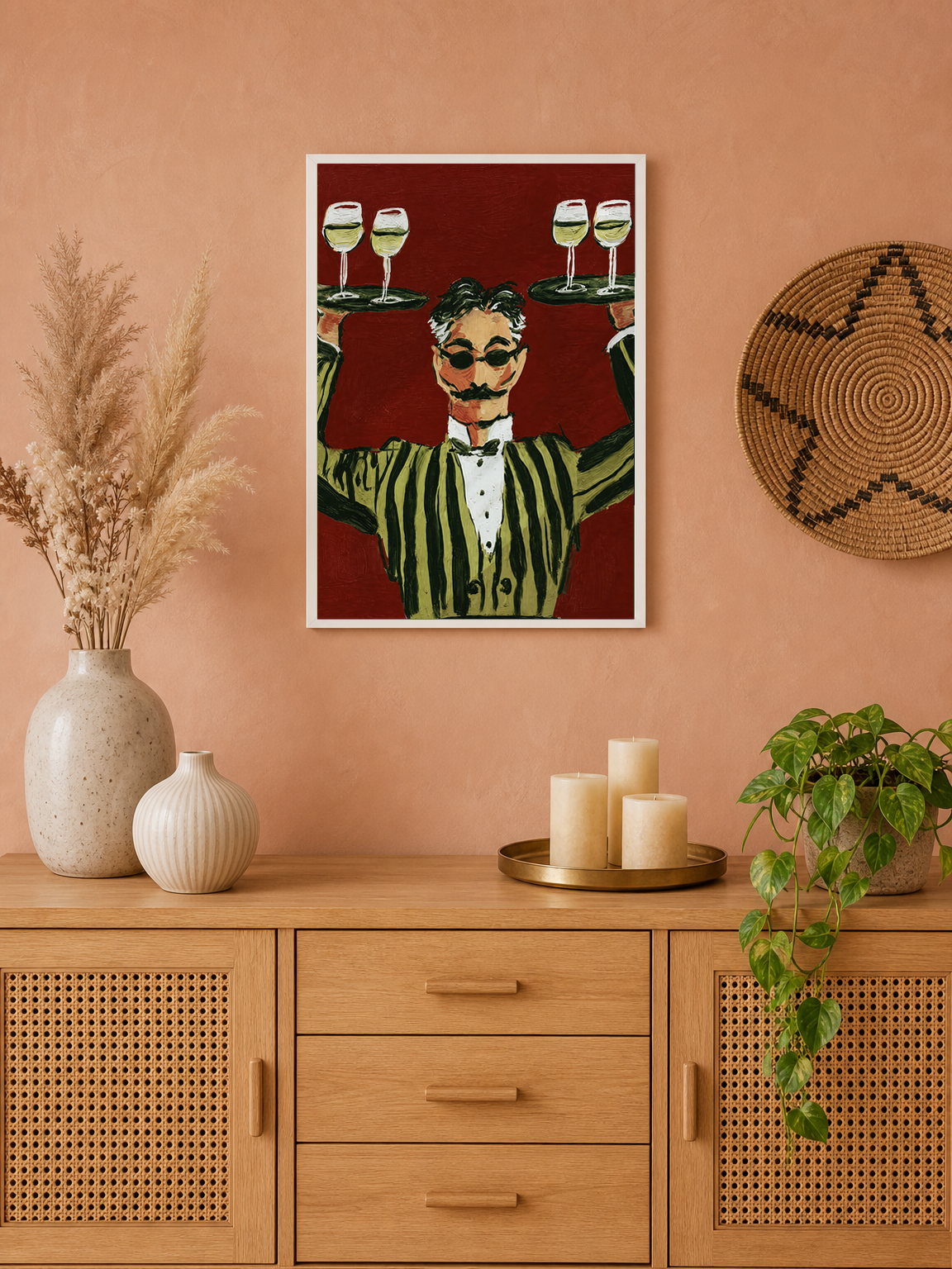 Striped Waiter with Wine Wall Art Print - white framed