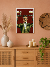 Striped Waiter with Wine Wall Art Print - white framed