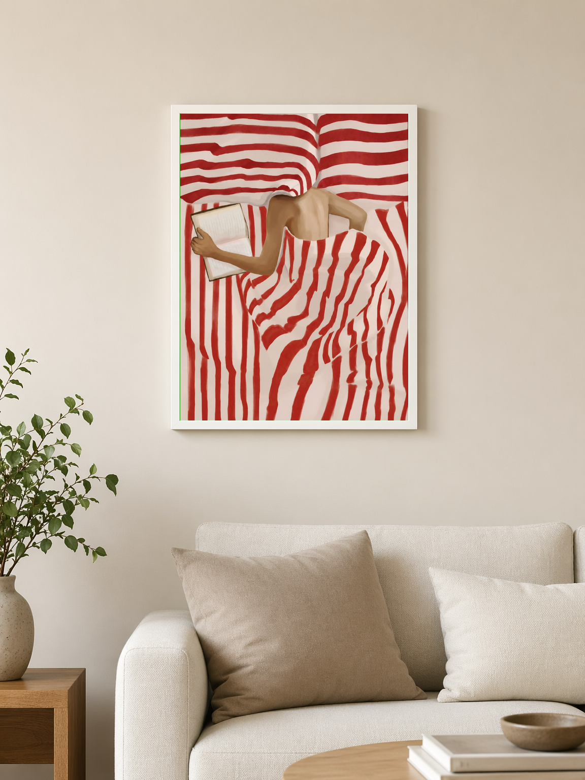 Abstract Red Stripe Reader Wall Art Print - white framed