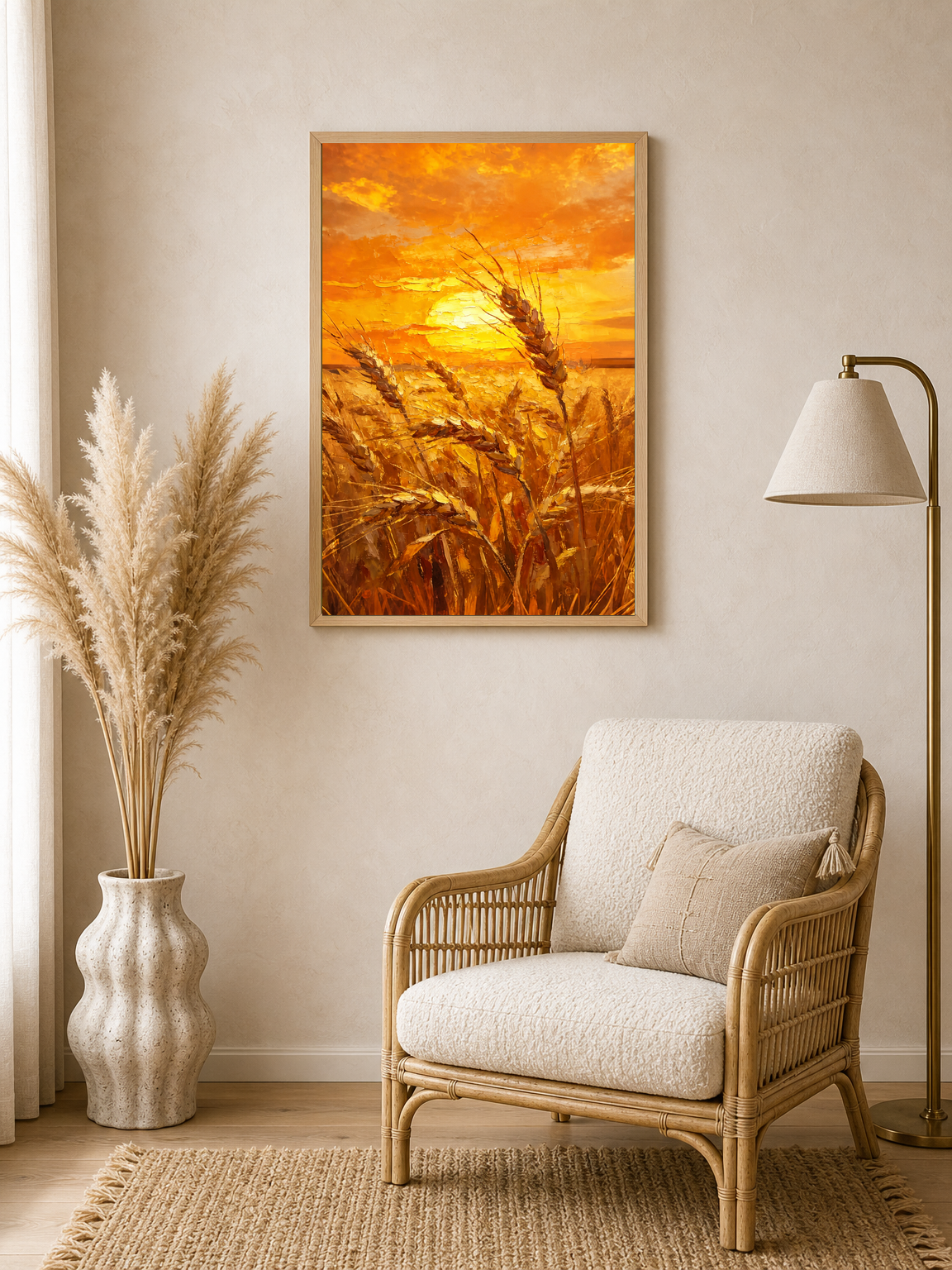 Golden Wheat Sunset Landscape Wall Art Print - wood framed poster