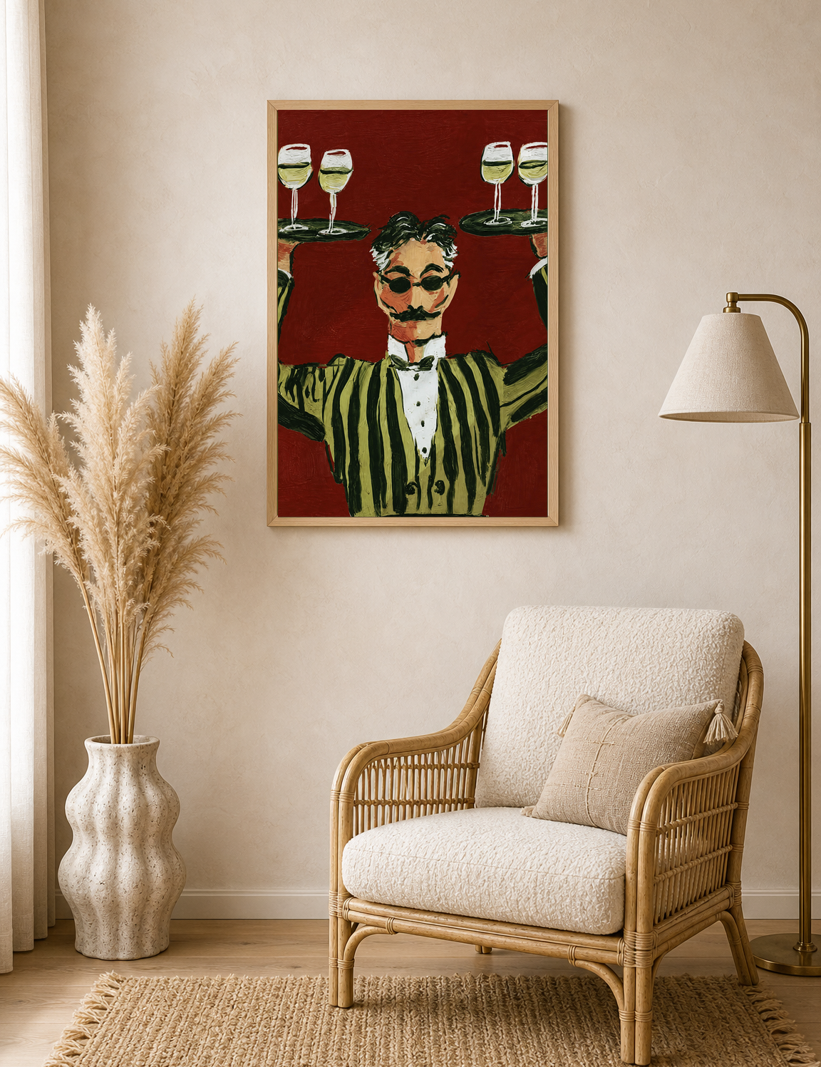 Striped Waiter with Wine Wall Art Print - wood framed poster