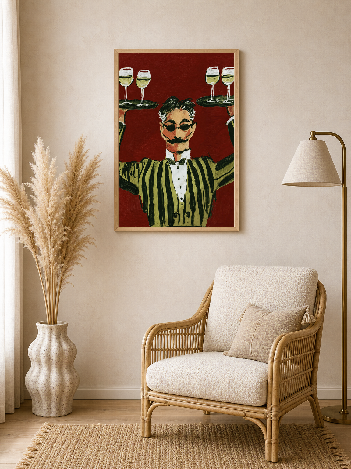 Striped Waiter with Wine Wall Art Print - wood framed poster