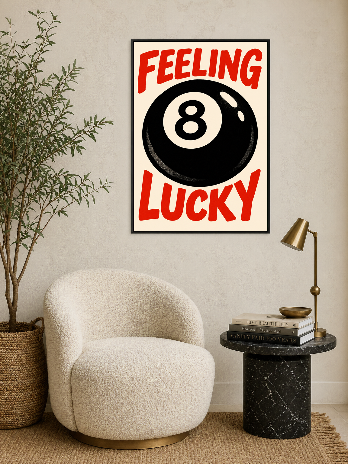 Feeling Lucky 8 Ball Retro Wall Art Print - black framed