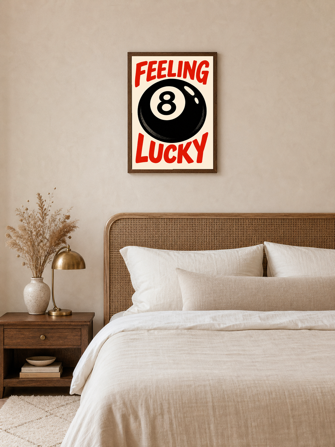 Feeling Lucky 8 Ball Retro Wall Art Print - dark wood framed