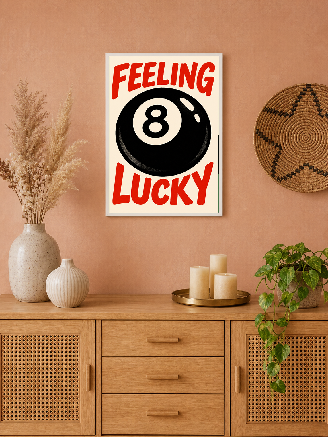 Feeling Lucky 8 Ball Retro Wall Art Print - white framed