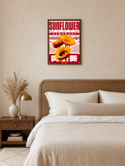Sunflower Himawari Retro Wall Art Print - dark wood framed