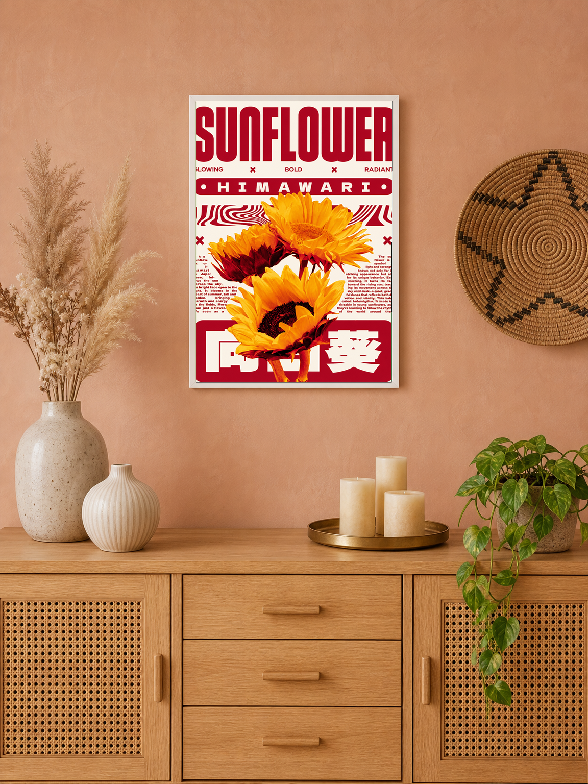 Sunflower Himawari Retro Wall Art Print - white framed
