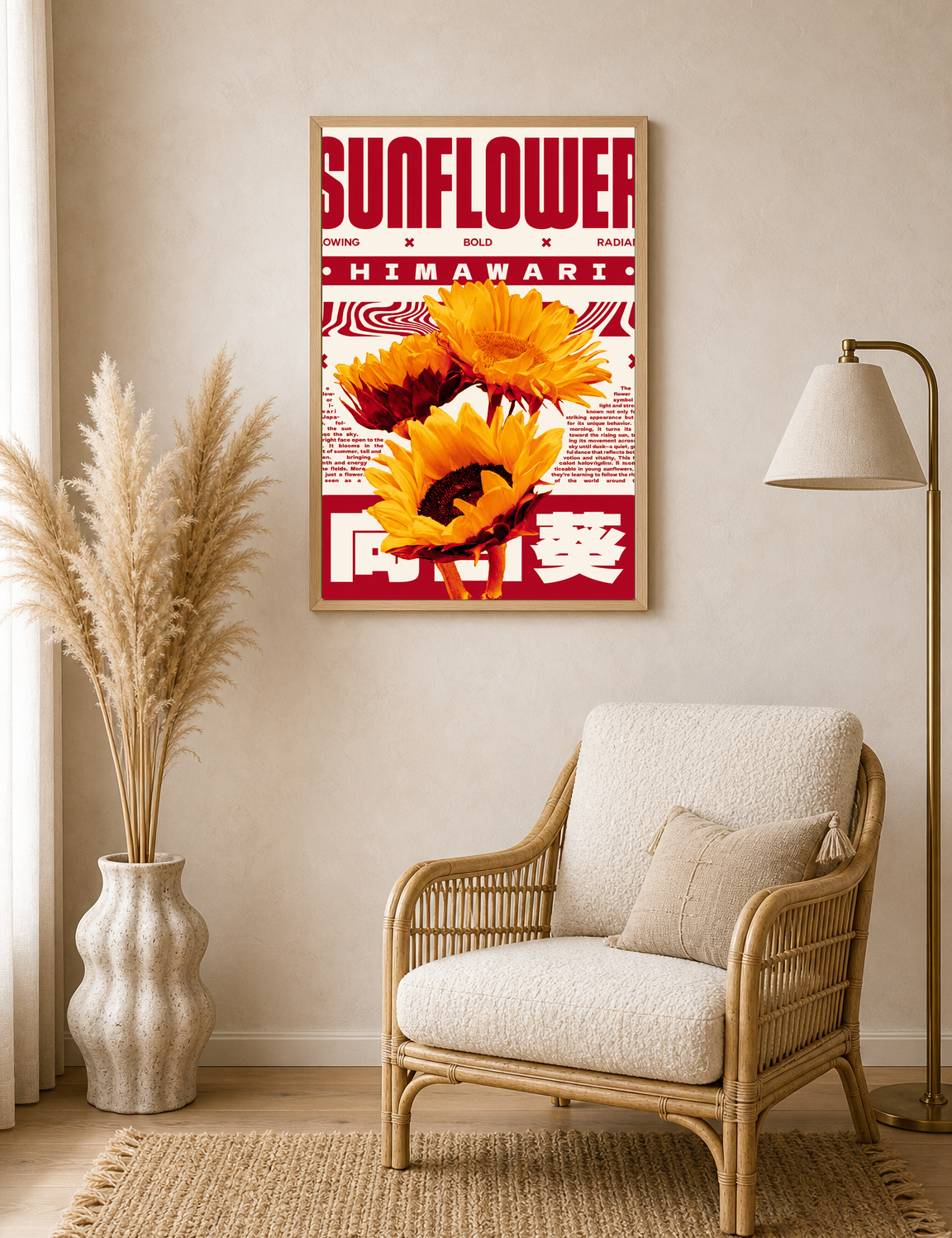 Sunflower Himawari Retro Wall Art Print - wood framed poster