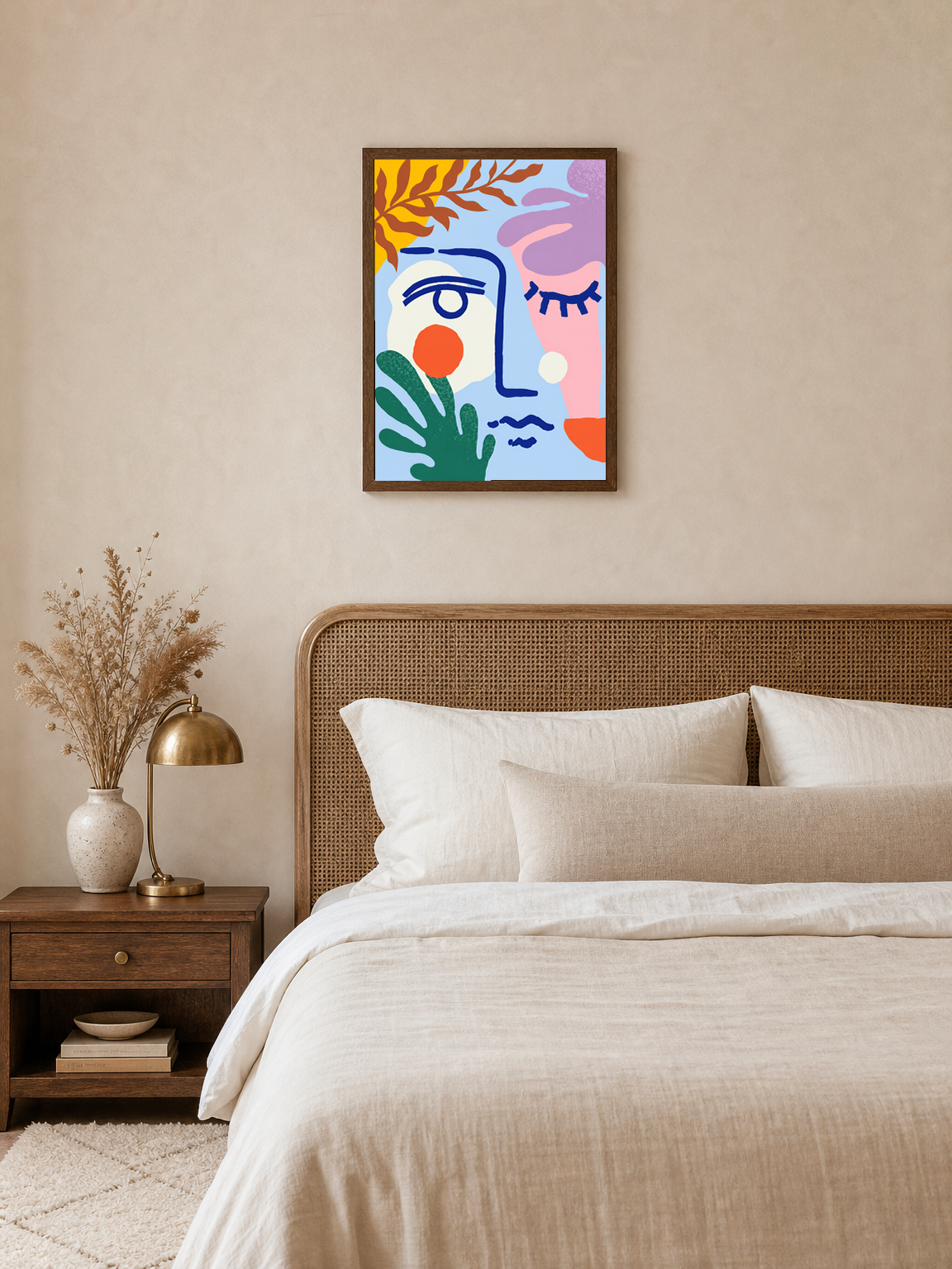 Abstract Face Colorful Wall Art Print - dark wood framed