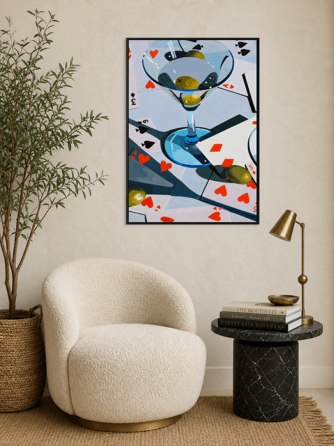 Martini & Playing Cards Cocktail Wall Art Print - black framed