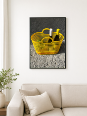 Yellow Basket with Wine Bottles Wall Art Print - black framed