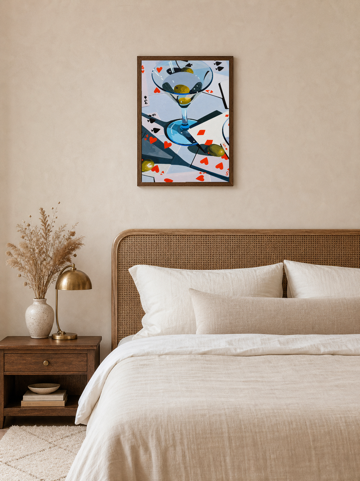 Martini & Playing Cards Cocktail Wall Art Print - dark wood framed
