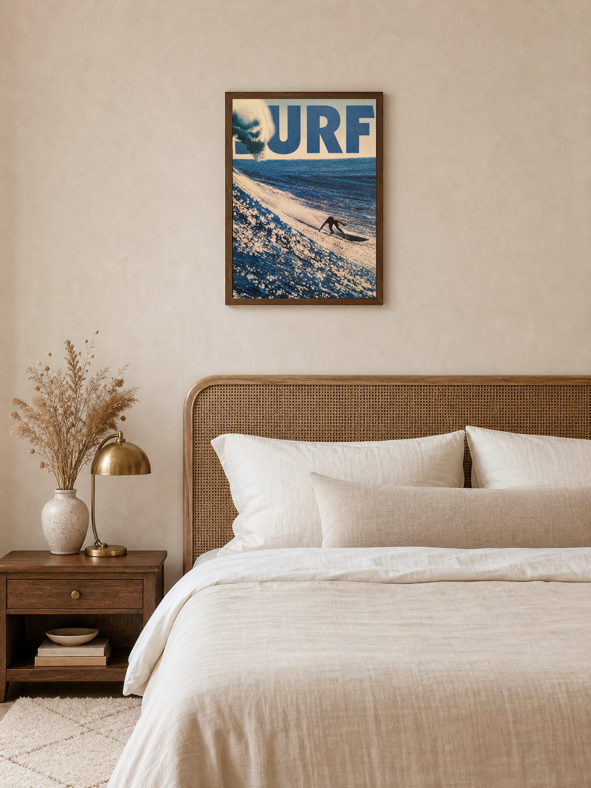 Surf Wave Rider Blue Wall Art Print - dark wood framed