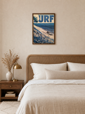 Surf Wave Rider Blue Wall Art Print - dark wood framed