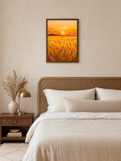 Golden Wheat Field Sunset Wall Art Print - dark wood framed