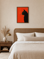 Smoky Black Cat Silhouette Wall Art Print - dark wood framed