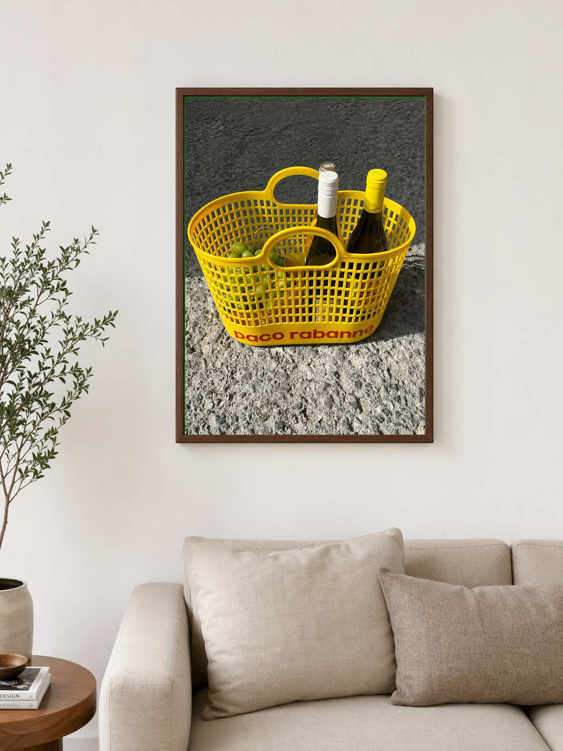 Yellow Basket with Wine Bottles Wall Art Print - dark wood framed