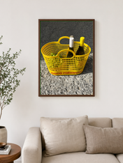 Yellow Basket with Wine Bottles Wall Art Print - dark wood framed