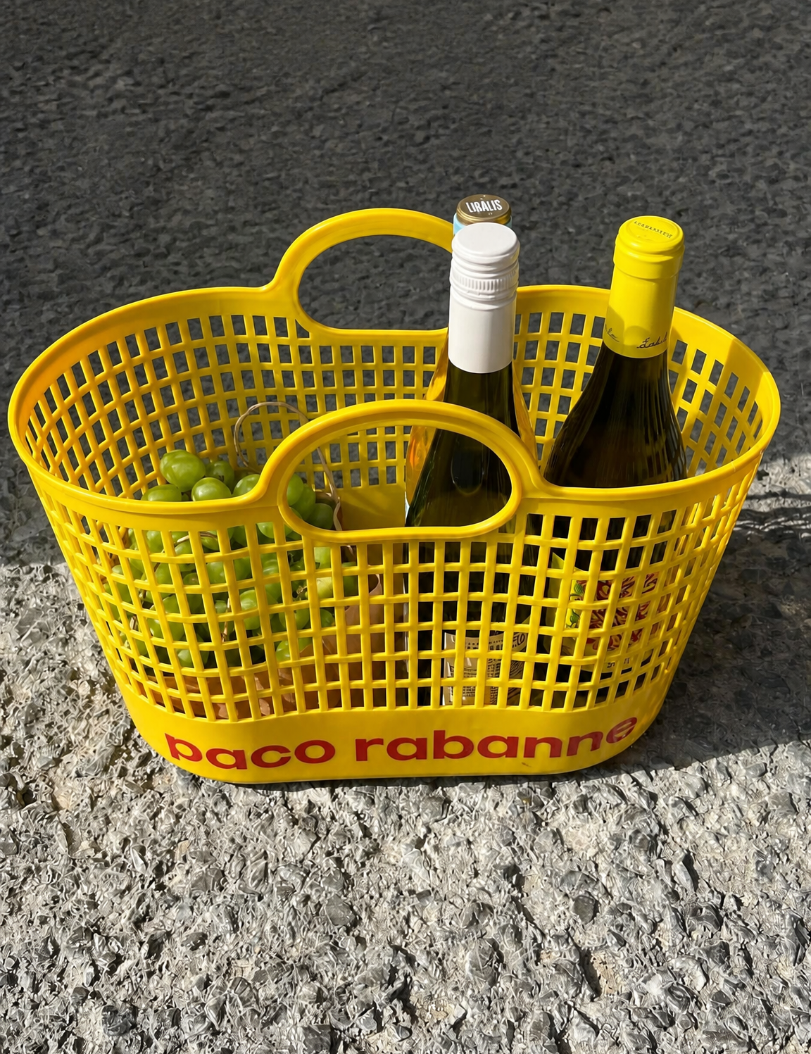 Yellow Basket with Wine Bottles Wall Art Print - unframed