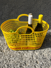 Yellow Basket with Wine Bottles Wall Art Print - unframed