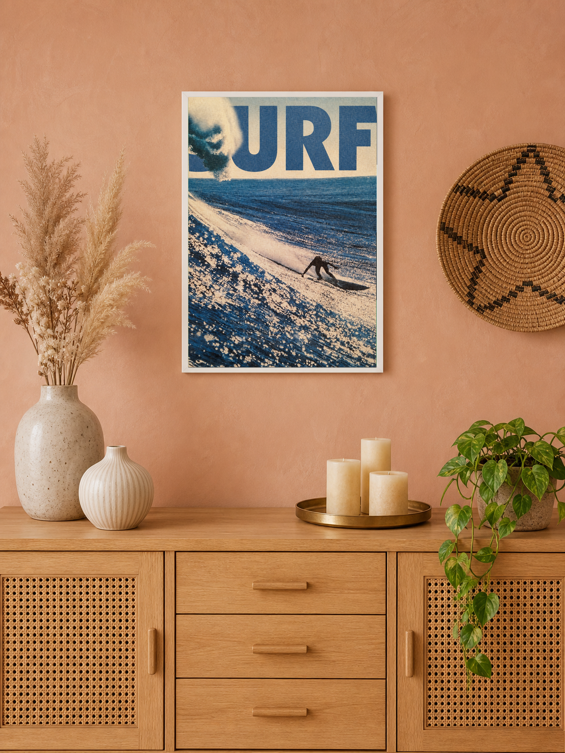 Surf Wave Rider Blue Wall Art Print - white framed