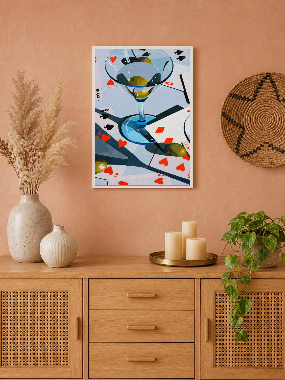 Martini & Playing Cards Cocktail Wall Art Print - white framed