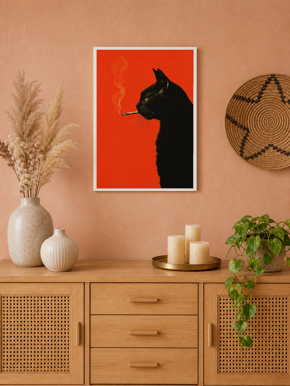 Smoky Black Cat Silhouette Wall Art Print - white framed