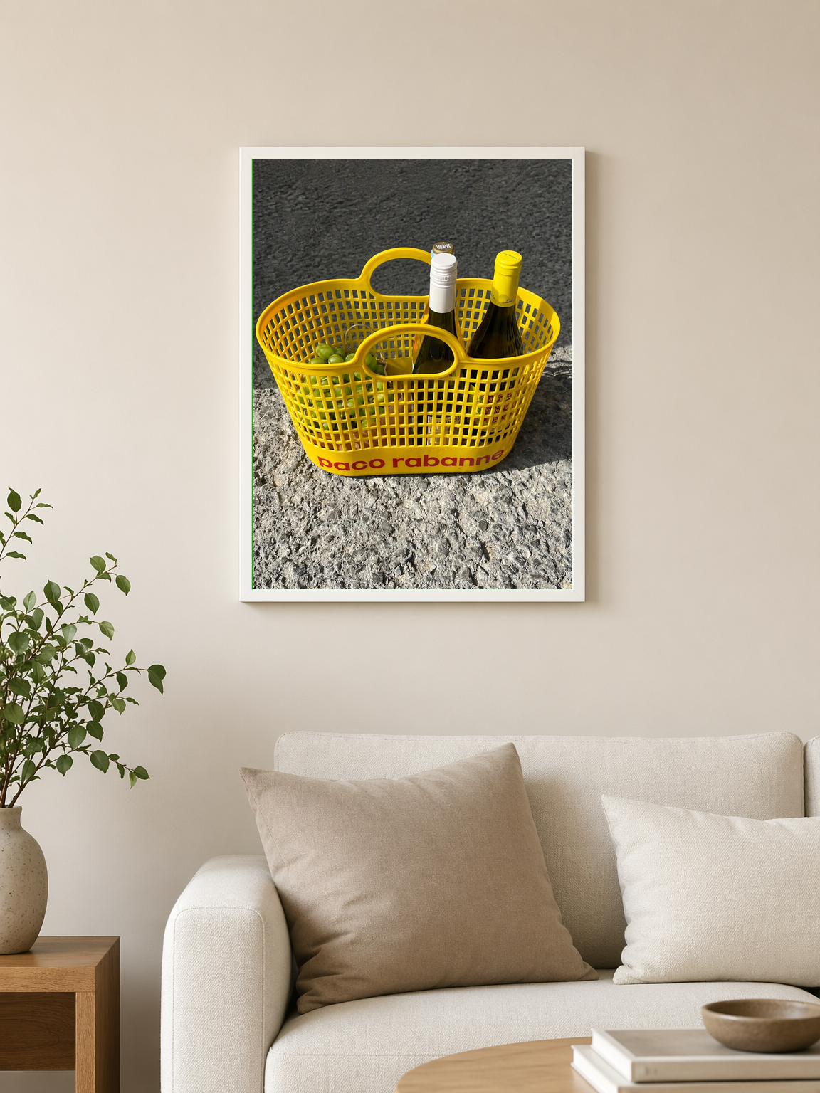 Yellow Basket with Wine Bottles Wall Art Print - white framed