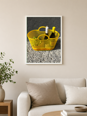 Yellow Basket with Wine Bottles Wall Art Print - white framed