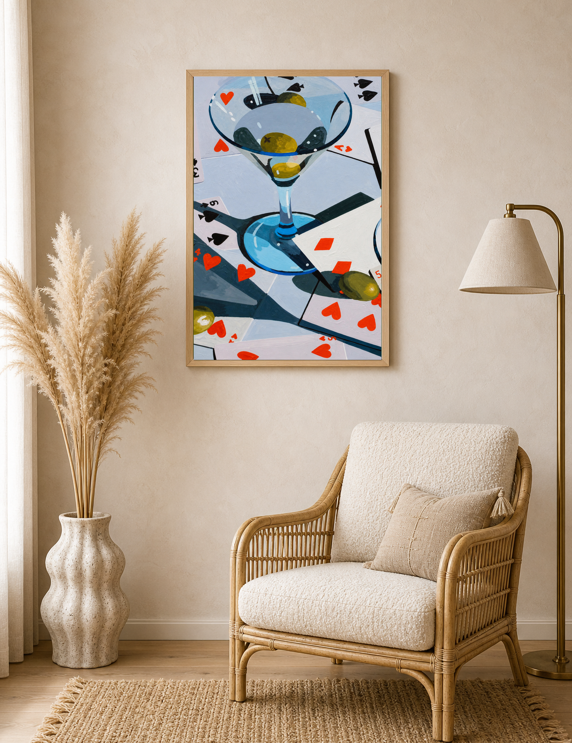 Martini & Playing Cards Cocktail Wall Art Print - wood framed poster