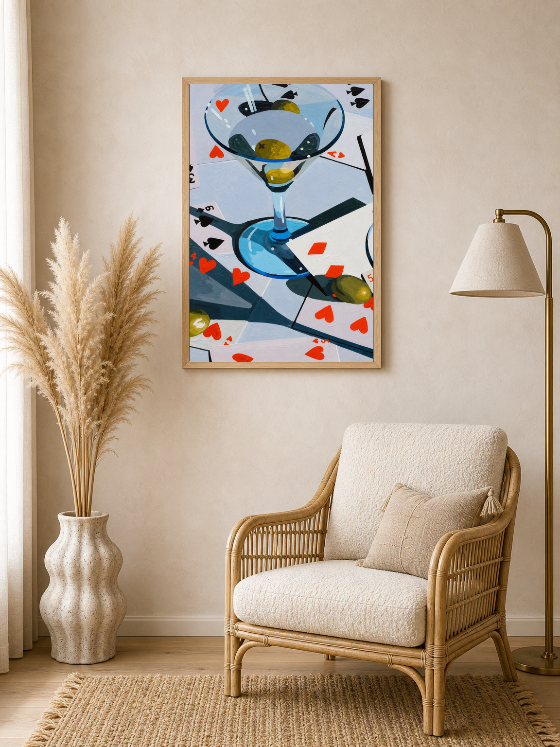 Martini & Playing Cards Cocktail Wall Art Print - wood framed poster