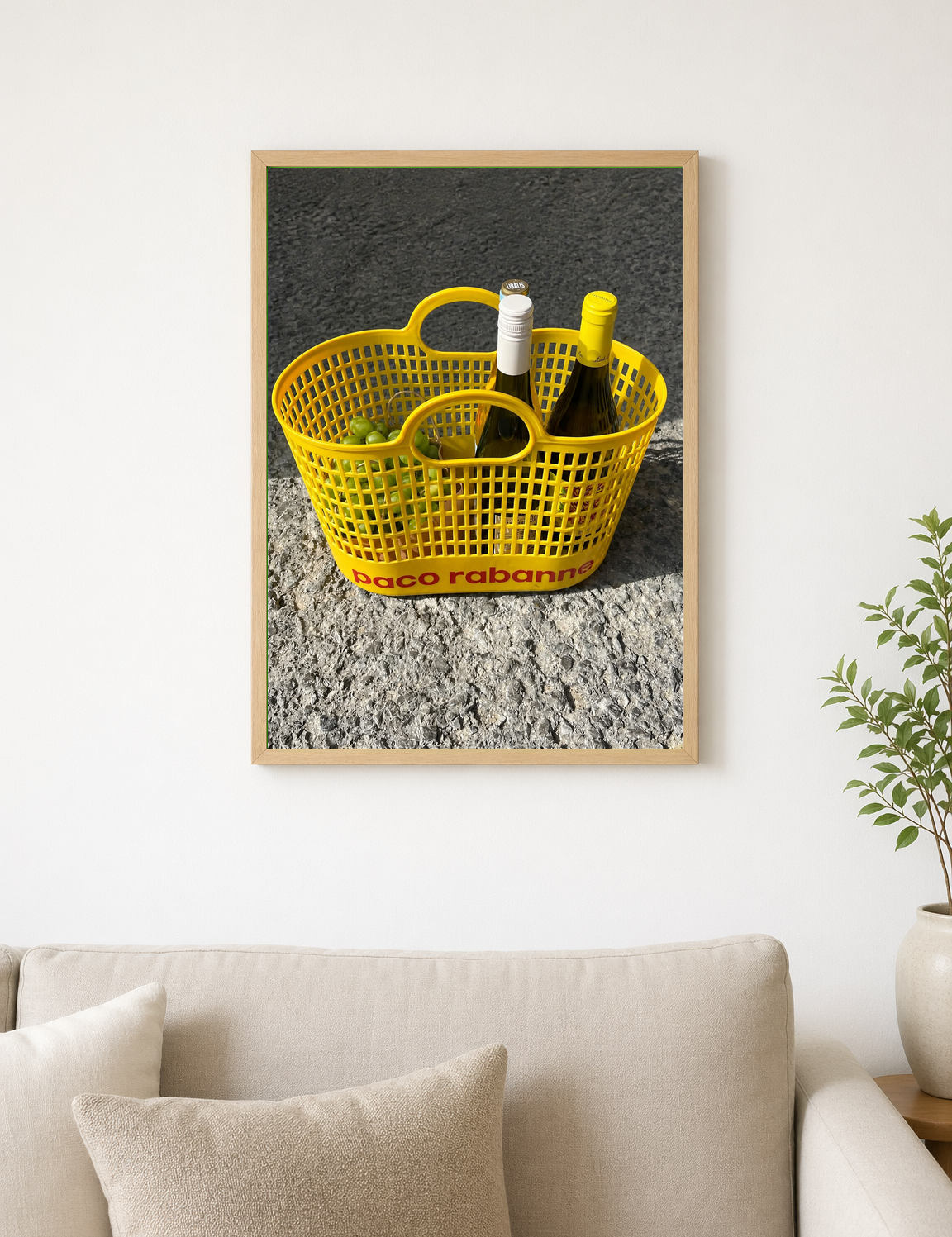 Yellow Basket with Wine Bottles Wall Art Print - wood framed poster