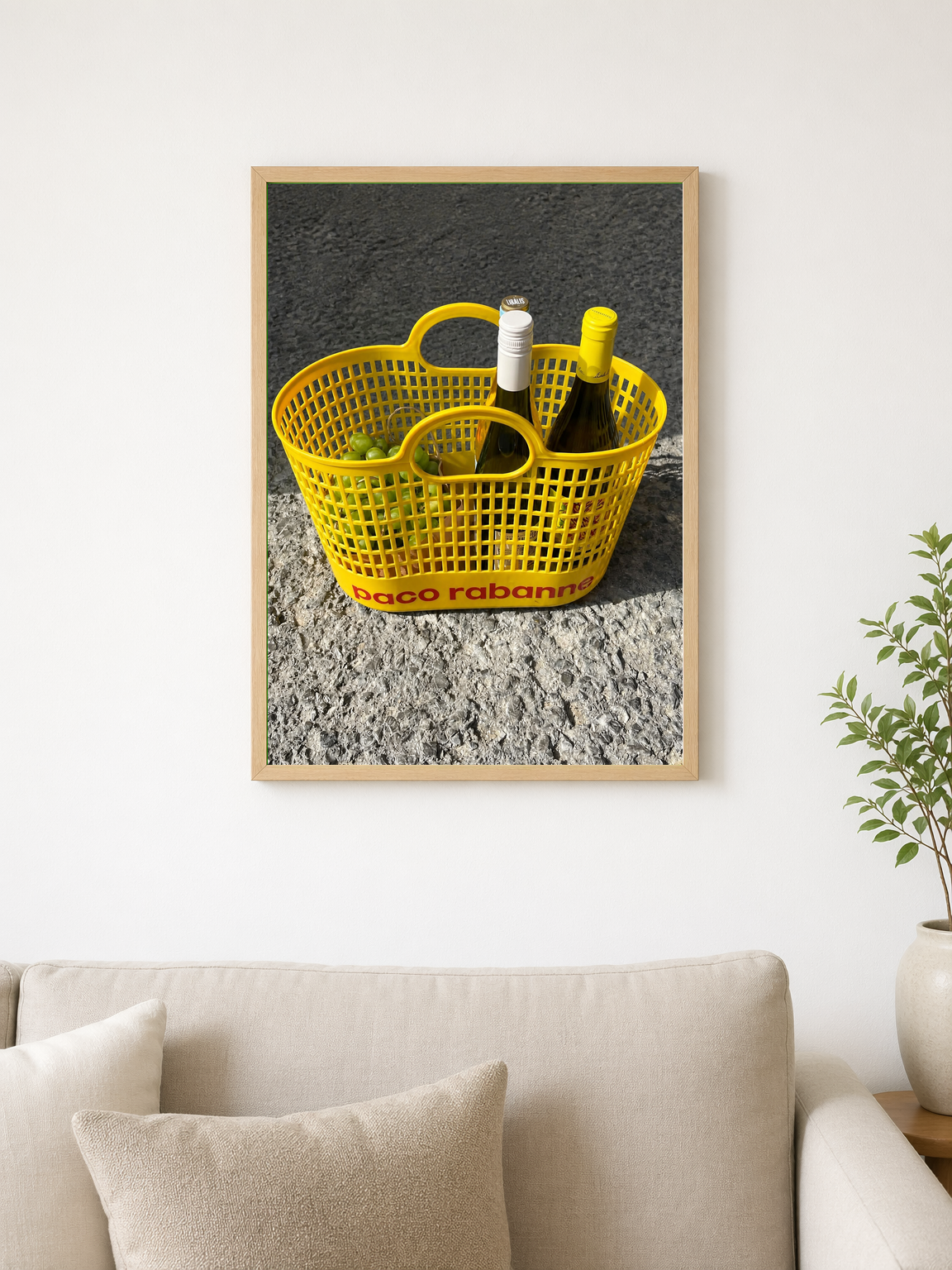 Yellow Basket with Wine Bottles Wall Art Print - wood framed poster