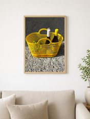 Yellow Basket with Wine Bottles Wall Art Print - wood framed poster