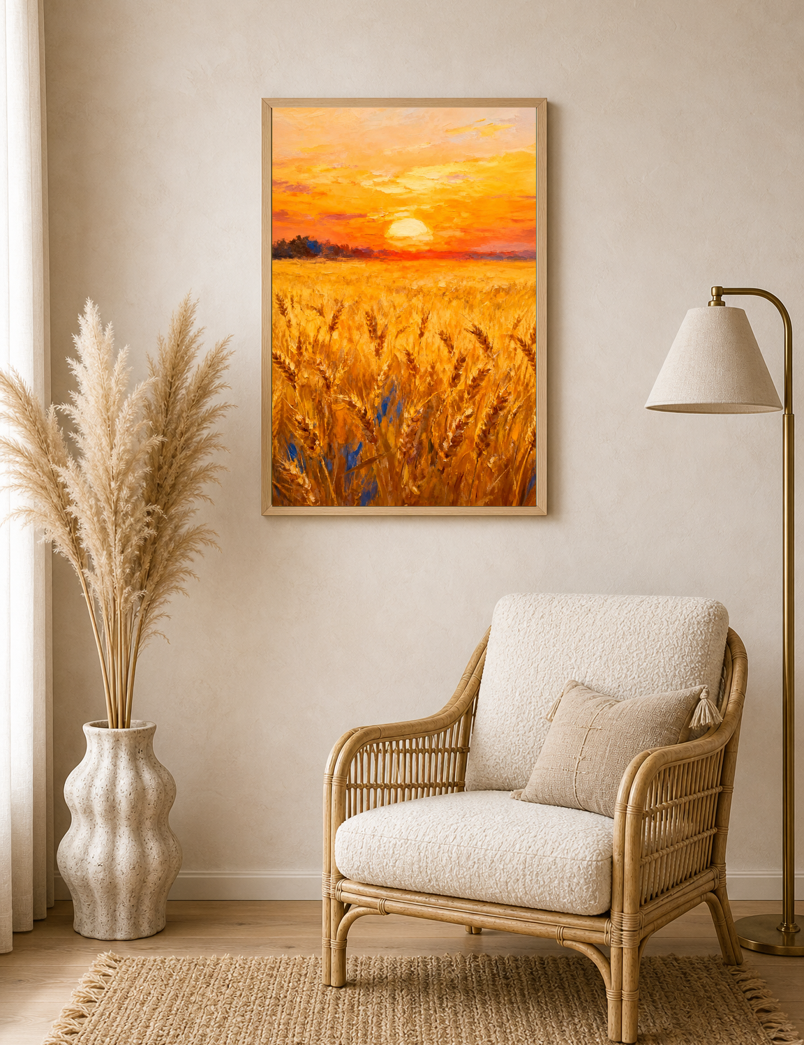 Golden Wheat Field Sunset Wall Art Print - wood framed poster