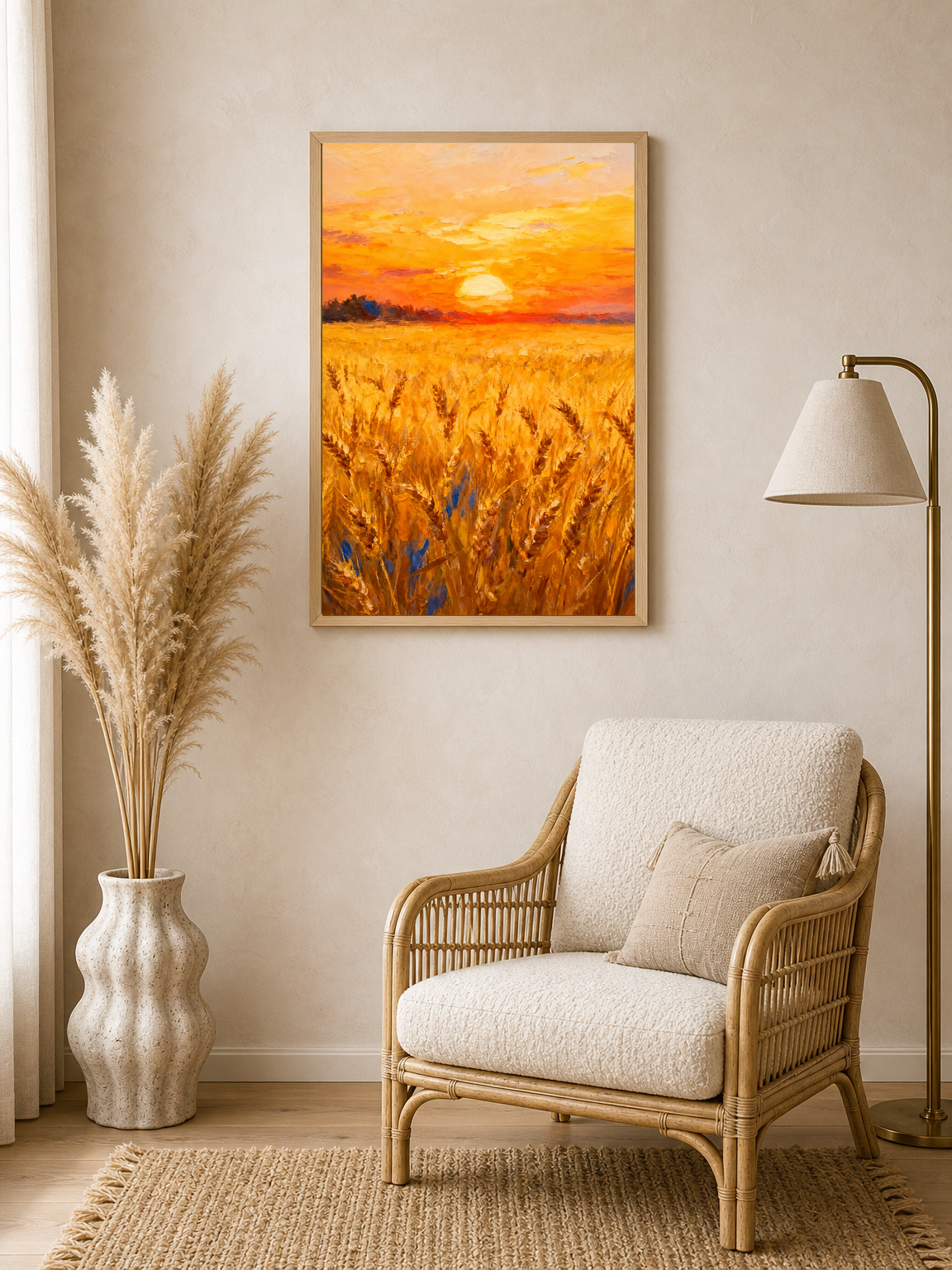 Golden Wheat Field Sunset Wall Art Print - wood framed poster