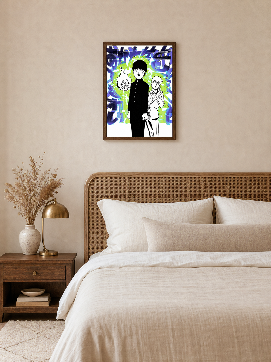 Mob Psycho Anime Duo Wall Art Print - dark wood framed