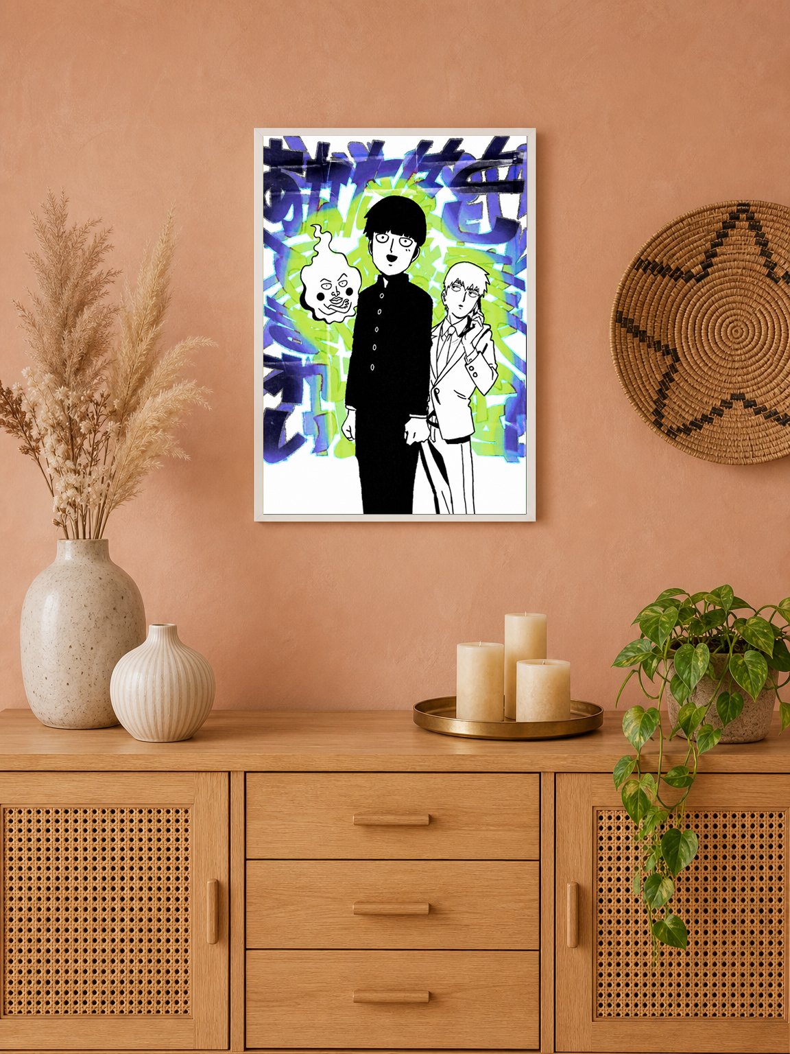 Mob Psycho Anime Duo Wall Art Print - white framed